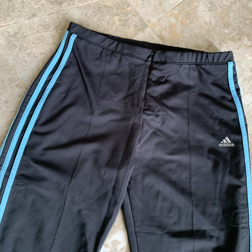 Adidas Women's L Black Blue Stripe Zip Front Climalite Elastic Waist Crop Pant